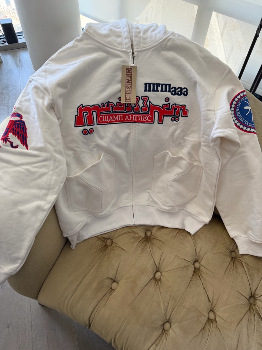 Evisu White Zip-Up Hoodie with Red & Blue Embroidered Logo